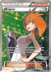 :d artist_name brigette_(pokemon) character_name copyright_name copyright_notice creatures_(company) dress english_text eyelashes game_freak grey_jacket hand_on_own_hip holding holding_jacket holding_unworn_clothes jacket medium_hair nintendo official_art open_mouth orange_eyes orange_hair pokemon pokemon_bank pokemon_card pokemon_tcg sleeveless sleeveless_dress smile third-party_source trading_card unworn_jacket white_dress