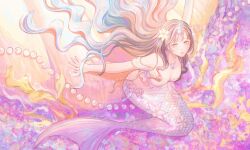 1girl absurdres bikini breasts brown_hair cleavage flower from_above hair_flower hair_ornament highres horns liliantsai0417 long_hair medium_breasts mermaid monster_girl original pink_scales pink_tail purple_eyes single_horn swimsuit tail tail_flower tail_ornament underwater very_long_hair