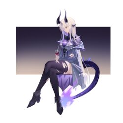 1girl absurdres alcohol arknights black_boots black_hair black_thighhighs blonde_hair boots breasts chinese_commentary commentary_request crossed_legs cup dong_tsugumi dragon_girl dragon_horns dragon_tail dress drinking_glass fiery_tail fire glass gradient_background grey_eyes hair_over_one_eye high_heel_boots high_heels highres holding holding_cup horns jacket jewelry light_in_heart long_hair long_sidelocks long_sleeves looking_at_viewer nail_polish necrass_(arknights) open_clothes open_jacket parted_lips purple_background purple_fire purple_jacket purple_nails ring short_dress sidelocks simple_background sitting smile solo tail thighhighs thighs torn_clothes torn_thighhighs transparent_background white_background white_dress white_jacket wine wine_glass zettai_ryouiki