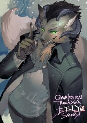 1boy black_coat black_hair body_fur claws coat commentary commission cowboy_shot english_commentary furry furry_male green_eyes grey_fur grey_sweater grin hand_up horns index_finger_raised looking_at_viewer male_focus neck_fur open_clothes open_coat original outdoors sammy_(freezingsammy) skeb_commission smile snow solo sweater tail turtleneck turtleneck_sweater