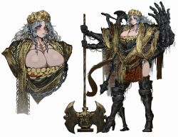 1girl absurdres axe bird braid breasts cleavage crow crown dress elden_ring extra_arms facing_viewer full_body genderswap godrick_the_grafted green_dress grey_hair highres huge_breasts jewelry long_hair low_neckline multiple_views pelvic_curtain planted planted_axe shawl thighhighs tomatolover16 white_background yellow_eyes