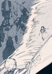 3girls 5boys aerith_gainsborough alternate_universe animal armor bangle barret_wallace black_thighhighs bracelet braid braided_ponytail breasts buster_sword cait_sith_(final_fantasy) cat cid_highwind closed_eyes cloud_strife crop_top dress final_fantasy final_fantasy_vii final_fantasy_vii_rebirth final_fantasy_vii_remake flame-tipped_tail from_above full_body greyscale hair_ribbon headband highres holding holding_hands holding_sword holding_weapon jacket jewelry kneeling long_dress long_hair lying medium_breasts miniskirt monochrome multiple_boys multiple_girls on_back parted_bangs pauldrons pulupulupoodle red_xiii ribbon scar scar_across_eye scar_on_face short_hair shoulder_armor sidelocks single_pauldron sketch skirt spiked_hair sword thighhighs tifa_lockhart vincent_valentine weapon weapon_on_back yuffie_kisaragi