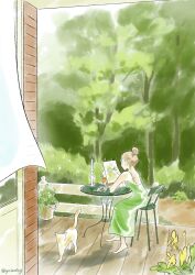 Rule 34 | 1girl, absurdres, artist name, barefoot, brown hair, bush, candle, candlestand, cat, commentary, curtains, day, dress, english commentary, flower, forest, green dress, green theme, highres, house, long dress, nature, original, outdoors, paint, painting (action), painting (medium), painting (object), plant, porch, potted plant, sitting, sleeveless, sleeveless dress, solo, table, traditional media, tree, watercolor (medium), white flower, wide shot, window, wooden floor, yeledog, yellow flower