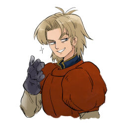 1boy black_gloves blonde_hair blue_eyes brown_sleeves commentary_request dragon_quest dragon_quest_vii gloves grin highres karumoimoi kiefer looking_at_viewer looking_to_the_side male_focus parted_hair puffy_short_sleeves puffy_sleeves red_tunic short_hair short_sleeves smile solo sparkle tunic upper_body white_background
