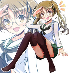 1girl black_sailor_collar black_thighhighs blush brown_eyes brown_hair girls_und_panzer glasses highres kumaisao ooarai_school_uniform oono_aya open_mouth sailor_collar school_uniform shirt simple_background sitting solo thighhighs twintails white_background white_shirt