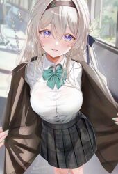 2girls absurdres alternate_costume aqua_bow aqua_bowtie artist_name black_hairband black_skirt blush bow bowtie breasts brown_cardigan cardigan commentary_request firefly_(honkai:_star_rail) grey_hair hair_intakes hair_ornament hairband highres honkai:_star_rail honkai_(series) kabu_usagi large_breasts long_hair looking_at_viewer multiple_girls open_mouth opened_by_self paid_reward_available plaid_clothes plaid_skirt pleated_skirt purple_eyes school_uniform shirt signature skirt smile solo_focus translation_request white_shirt
