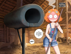 1girl barn blush breeding_mount broom english_text fellatrix female_focus highres loli looking_at_viewer naked_overalls orange_hair overalls red_hair short_hair solo suzie_q suzieq_(fellatrix)