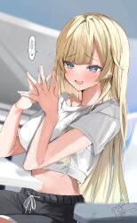 1girl absurdres aizawa_ema aizawa_ema_(4th_costume) black_shorts blonde_hair blue_eyes blush cropped_shirt dow_suitable hair_flaps highres long_hair midriff open_mouth parted_bangs shirt short_shorts short_sleeves shorts sitting solo steepled_fingers t-shirt virtual_youtuber vspo! white_shirt