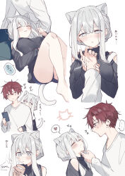 1boy 1girl animal_ears bare_legs barefoot black_shirt blush cat_ears cat_girl cat_tail cellphone closed_eyes commentary_request cup fuyukawa_kagari grey_eyes grey_hair hair_between_eyes hakanai_kimi_wa_moukou_wo_hajimeru heart holding holding_cup holding_phone kazutake_hazano long_hair long_sleeves lying milk mug multiple_views on_back open_mouth phone red_hair scratching_chin shirt sidelocks simple_background speech_bubble spoken_heart sweatdrop tail tail_wagging terui_soushichi translation_request white_background white_shirt