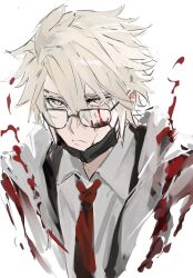 1boy blonde_hair blood blood_on_clothes blood_on_face closed_mouth collared_shirt glasses hair_between_eyes hashtag-only_commentary head_tilt highres hmayme4238 honkai:_star_rail honkai_(series) hood hood_down jacket looking_to_the_side looking_up mask mouth_mask necktie official_alternate_costume open_clothes open_jacket phainon_(honkai:_star_rail) red_necktie shirt short_hair simple_background solo spiked_hair upper_body white_background white_jacket white_shirt yellow_eyes
