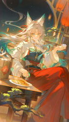 1girl absurdres alternate_costume animal_ears aqua_eyes aqua_hair closed_mouth crossed_legs cup feixiao_(honkai:_star_rail) floating_hair food forehead_jewel fox_ears fox_girl gradient_hair grey_hair highres holding holding_cup honkai:_star_rail honkai_(series) indoors koujuan lantern long_hair looking_at_viewer multicolored_hair second-party_source sitting smile solo very_long_hair