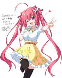 Rule 34 | 1girl, ;d, black thighhighs, blush, breasts, brown ribbon, commentary request, commission, commissioner name, cone hair bun, dated, double bun, fang, food print, foot out of frame, frilled skirt, frills, fruit print, hair bun, hair ribbon, hand up, haru (konomi 150), large breasts, lemon print, long hair, looking at viewer, natsuiro kokoro log, neck ribbon, one eye closed, open mouth, outstretched arm, print skirt, purple eyes, red hair, ribbon, shirt, short sleeves, signature, simple background, skeb commission, skin fang, skirt, smile, solo, standing, standing on one leg, thighhighs, tokiwa kuon, twintails, v, very long hair, white background, white shirt, yellow ribbon, yellow skirt