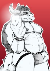 1boy absurdres animal_ears bara belly bowser bracelet bulge cellphone collar cow_ears dragon_boy fat fat_man furry furry_male highres jewelry jockstrap light male_focus nipples male_underwear mario_(series) monochrome monster muscular nintendo outline phone pinup_(style) plump red_background red_hair saiori_(artist) scaly selfie selfie_pose simple_background smartphone solo spiked_bracelet spiked_collar spikes underwear white_outline