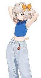 1girl absurdres armpits arms_up artist_name blue_eyes blue_shirt bow breasts carlo_montie charm_(object) commentary denim english_commentary grey_hair grey_pants hair_bow highres jeans light_blush marimari_(vtuber) navel orange_bow pants phase_connect shirt simple_background sleeveless sleeveless_shirt small_breasts solo sweat virtual_youtuber white_background