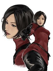 1girl ada_wong aiming aiming_at_viewer artist_name black_eyes black_gloves black_hair black_pantyhose breasts closed_mouth dress feet_out_of_frame gloves gun handgun harness highres holding holding_gun holding_weapon kurorium long_sleeves medium_breasts multiple_views pantyhose parted_bangs parted_lips red_dress red_lips resident_evil resident_evil_4 resident_evil_4_(remake) short_dress short_hair solo turtleneck turtleneck_dress upper_body weapon white_background
