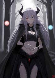 1girl black_cloak black_skirt blue_eyes bracelet breasts brooch cleavage cloak forest grey_hair haruyuki_(karem) heterochromia highres horns jewelry leg_tattoo long_hair looking_at_viewer medium_breasts nature navel original outdoors pointy_ears pubic_tattoo red_eyes skirt solo tattoo