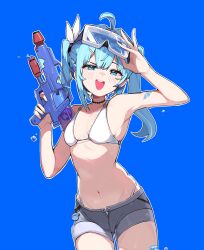 1girl absurdres arahashi_tabi armpits blue_background blue_eyes blue_hair blush breasts cleavage eyewear_on_head garib_(gari_gari_1) hair_between_eyes hair_ornament highres looking_at_viewer medium_hair open_mouth shorts simple_background small_breasts smile solo stellive twintails virtual_youtuber water_gun