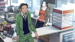 Rule 34 | 1boy, 1girl, arm hair, asymmetrical bangs, bare shoulders, beard stubble, black hair, black pants, blue cardigan, blue necktie, breasts, brown jacket, cardigan, cleavage, clenched teeth, closed mouth, collar, collarbone, collared shirt, day, exoskeleton, facial hair, fukuda tomonori, game cg, green jacket, grey eyes, hair ornament, hairpin, hand hair, highres, indoors, irei mizuka, jacket, lace-trimmed tank top, lapels, long hair, loose necktie, medium breasts, nagafukada mitsuhiko, narrowed eyes, necktie, notched lapels, official art, on counter, open clothes, open collar, open jacket, pants, parted lips, ponytail, prosthesis, red collar, red necktie, robotics;notes, shirt, shop, short hair, striped necktie, stubble, sunlight, tank top, teeth, track jacket, track pants, very short hair, white shirt, white stripes