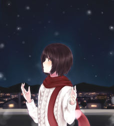 1girl aran_sweater blurry blush bob_cut bokeh brown_eyes brown_hair cable_knit cityscape closed_mouth commentary depth_of_field from_side horizon looking_up mountain night night_sky original purea railing red_neckwear red_scarf scarf short_hair sky snowing solo sweater upper_body w_arms white_sweater winter_clothes