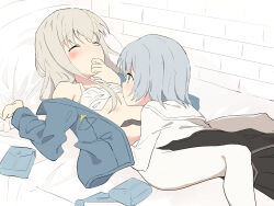 Rule 34 | 2girls, absurdres, between legs, blonde hair, blue eyes, blue hair, blue shirt, blush, camisole, closed eyes, commentary, covering own mouth, eila ilmatar juutilainen, highres, licking, licking breast, long hair, looking at another, multiple girls, open clothes, open shirt, pantyhose, pouch, sailor collar, sanya v. litvyak, shirt, short hair, soha (sirohase), strike witches: aurora no majo, tongue, tongue out, white camisole, white pantyhose, white sailor collar, white shirt, world witches series, yuri