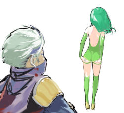 1boy 1girl accidental_pervert adjusting_clothes adjusting_leotard aged_up ass detached_sleeves edward_geraldine final_fantasy final_fantasy_iv final_fantasy_iv:_the_after_years green_hair green_leotard green_thighhighs leotard long_hair mak_neutral mask mouth_mask rydia_(ff4) simple_background square_enix thighhighs white_background