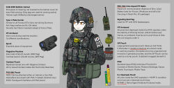 1girl absurdres black_hair bulletproof_vest chin_strap combat_helmet echo_ojisan english_text equipment explosive grenade grey_background helmet highres load_bearing_vest military_combat_uniform military_uniform night_vision_device orange_eyes original radio republic_of_korea_army republic_of_korea_military_police south_korean_flag spork syringe