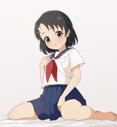 1girl :o bare_legs barefoot black_hair blue_skirt blush commentary_request commission highres idolmaster idolmaster_cinderella_girls looking_at_viewer luilui_0525 neckerchief partial_commentary pleated_skirt red_neckerchief sasaki_chie school_uniform serafuku shirt short_hair short_sleeves sitting skeb_commission skirt solo wariza white_shirt