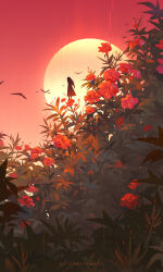 1girl absurdres artist_name bird dress english_text flower from_behind highres huhv. long_hair moon original outdoors plant rain red_flower red_moon red_sky red_theme scenery sky solo standing sun