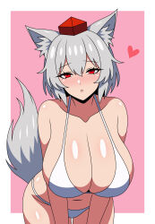 :o absurdres animal_ears bare_shoulders bikini blush breasts collarbone grey_hair half-closed_eyes hat heart highres huge_breasts inubashiri_momiji looking_at_viewer red_eyes ssaf_seibeupail swimsuit tail tokin_hat touhou white_bikini wolf_ears wolf_girl wolf_tail