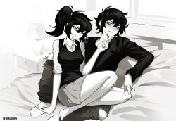 1boy 1girl absurdres aierlaobo andrew_graves black_hair black_sweater black_vest evil_smile green_eyes hand_on_another&#039;s_chin highres implied_incest looking_at_another lying mother_and_son on_back pants renee_graves shirt skirt smile sweat sweater the_coffin_of_andy_and_leyley torn_clothes torn_pants under_covers vest white_shirt