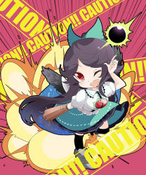 1girl arm_cannon black_legwear black_wings bow brown_hair cape caution chibi commentary_request control_rod_(touhou) eclipse explosion feathered_wings female_focus full_body green_bow green_skirt hair_bow hand_up kayama_benio long_hair looking_at_viewer one_eye_closed open_mouth pink_background red_eyes reiuji_utsuho shirt short_sleeves skirt smile solar_eclipse solo starry_sky_print third_eye touhou weapon white_shirt wings