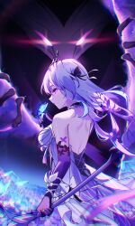 1girl absurdres back backless_dress backless_outfit black_tiara breasts castorice_(honkai:_star_rail) commentary_request dragon dress elbow_gloves gloves highres holding holding_scythe honkai:_star_rail honkai_(series) long_hair medium_breasts nekoto_728 netherwing_(honkai:_star_rail) purple_eyes purple_gloves purple_hair scythe tiara white_dress