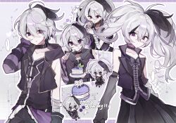 Rule 34 | !, 2girls, :o, ?, arm at side, arm warmers, arms at sides, bandaged arm, bandages, bare shoulders, black arm warmers, black bow, black choker, black collar, black gloves, black hair, black jacket, black pants, black shirt, black skirt, blank speech bubble, blueberry, bow, cake, cake slice, checkered background, chibi, chibi inset, choker, closed mouth, collar, collarbone, collared jacket, colored inner hair, commentary request, cowboy shot, cropped jacket, cropped torso, cross-laced clothes, cross-laced top, detached sleeves, double-parted bangs, dual persona, eating, expressionless, eyes visible through hair, fingerless gloves, flat chest, flower (vocaloid), flower (vocaloid3), flower (vocaloid4), food, food on face, fork, fruit, fur-trimmed skirt, fur trim, gloves, grey background, grid background, hair between eyes, halftone, halftone background, hand on own cheek, hand on own face, hand up, happy birthday, high ponytail, highres, holding, holding fork, holding plate, hood, hood down, hooded jacket, jacket, letterboxed, long hair, long sleeves, looking at viewer, macaron, meiweijiang812, microphone stand, multicolored hair, multiple girls, multiple views, music, musical note, open mouth, outline, outside border, pale skin, pants, plate, ponytail, purple arm warmers, purple eyes, purple skirt, see-through clothes, see-through sleeves, shirt, shirt bow, short hair, simple background, singing, single arm warmer, single detached sleeve, skirt, sleeveless, sleeveless jacket, sleeveless shirt, speech bubble, spoken musical note, streaked hair, two-tone hair, vocaloid, white hair, white outline