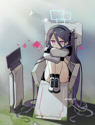 kei_(blue_archive) 1girl :&lt; absurdres black_hair black_hairband blue_archive bug butterfly grass hairband halo highres hugging_own_legs insect jacket long_hair long_sleeves maaki12 moss pink_eyes pleated_skirt shoes side_ponytail single_tear skirt sneakers solo very_long_hair
