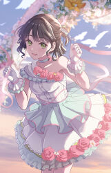 1girl :d absurdres black_hair blunt_bangs blush breasts citrusmikan collarbone commentary_request dress dress_flower flower frilled_dress frilled_gloves frills gloves green_eyes hair_ribbon half_updo highres holding holding_ribbon link!_like!_love_live! looking_at_viewer love_live! medium_breasts momose_ginko official_alternate_costume open_mouth pink_flower pink_ribbon pink_rose ribbon rose short_hair single-shoulder_dress single_bare_shoulder smile solo virtual_youtuber white_dress white_gloves yume_wazurai