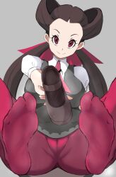 1girl black_hair feet gorgenzolla highres long_hair looking_at_viewer mary_janes nintendo pantyhose pokemon pokemon_oras red_eyes red_pantyhose roxanne_(pokemon) shoes single_shoe smile soles steam toes unworn_shoes