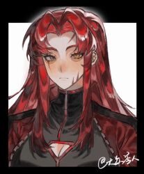 1girl black_shirt bngb_love cleavage_cutout closed_mouth clothing_cutout gebura_(project_moon) grey_eyes heterochromia highres jacket lobotomy_corporation long_hair looking_at_viewer parted_bangs project_moon red_hair red_jacket scar scar_across_eye scar_on_face shirt sidelocks simple_background solo upper_body white_background yellow_eyes