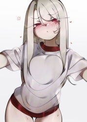 1girl absurdres blush breasts buruma deko_morii fate/stay_night fate_(series) highres illyasviel_von_einzbern long_hair looking_at_viewer red_buruma red_eyes shirt short_sleeves small_breasts smile solo white_hair white_shirt