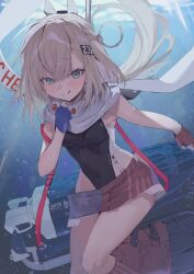Rule 34 | 1girl, absurdres, american flag, black one-piece swimsuit, blue gloves, breasts, denim, denim skirt, english text, flag print, gloves, grey eyes, grey hair, hair ornament, headgear, highres, japanese flag, kantai collection, long hair, looking at viewer, one-piece swimsuit, partially fingerless gloves, picoli1313, print skirt, red gloves, scarf, skirt, smile, solo, swimsuit, tongue, tongue out, two-tone one-piece swimsuit, wahoo (kancolle), wahoo kai (kancolle), white one-piece swimsuit, white scarf