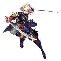 1boy adapted_costume armor blonde_hair blood dual_wielding enmto floating_hair gauntlets geta holding incoming_attack ivan_karelin japanese_armor male_focus open_mouth parody purple_eyes solo suneate sword tabi tiger_&amp;_bunny torn_clothes touken_ranbu transparent_background weapon