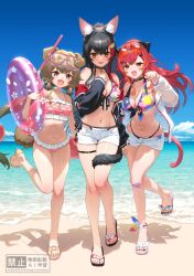 Rule 34 | 3girls, :3, alternate costume, animal ear fluff, animal ear hairband, animal ears, ankle ribbon, beach, belt, belt collar, bikini, bikini under shorts, black bikini, black jacket, blush, breasts, brown hair, cat-shaped eyewear, cat ear hairband, cat ears, cat girl, cat tail, cleavage, cleavage cutout, clothing cutout, collar, commentary request, dewahime powanu, diving mask, dog ears, dog girl, dog tail, double-parted bangs, eyewear on head, fake animal ears, fang, frilled bikini, frills, front-tie bikini top, front-tie top, full body, goggles, greyscale, hair ornament, hairband, halterneck, holding, holding swim ring, hololive, indie virtual youtuber, innertube, izumi sai, jacket, large breasts, leaf print, leg ribbon, long hair, looking at viewer, maple leaf print, medium breasts, monochrome, multicolored bikini, multicolored hair, multiple girls, nail polish, navel, nekota tsuna, official alternate costume, ookami mio, ookami mio (hololive summer 2019), open clothes, open jacket, open mouth, orange eyes, orange hair, outdoors, pink bikini, red hair, ribbon, rimless eyewear, sandals, shadow, shore, short shorts, shorts, side-tie bikini bottom, skin fang, smile, standing, standing on one leg, stomach, streaked hair, swim ring, swimsuit, tail, tail wrap, thigh belt, thigh strap, toenail polish, toenails, virtual youtuber, vspo!, watermark, white bikini, white jacket, white shorts, wolf ears, wolf girl, wolf tail, x hair ornament