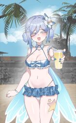 1girl absurdres arm_garter bare_shoulders bikini black_survival blue_bikini blue_nails breasts cleavage closed_eyes colored_eyelashes cup day detached_collar double_bun drinking_glass eternal_return:_black_survival facing_viewer flower frilled_bikini frills grey_hair hahyaha hair_bun hair_flower hair_ornament halterneck highleg highleg_bikini highres holding holding_cup long_hair low_wings medium_breasts nail_polish navel official_alternate_costume open_mouth outdoors outstretched_arm smile solo standing stomach string_bikini swimsuit thighs vanya_(black_survival) vanya_(summer_dream)_(black_survival) white_eyelashes wings