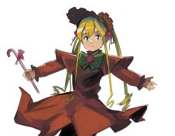 1girl cane dress highres holding holding_cane kornod long_hair long_sleeves looking_at_viewer outstretched_arms red_dress rozen_maiden shinku solo spread_arms twintails very_long_hair white_background