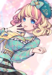Rule 34 | 1girl, amauri miruki, amauri miruki (primagista), black skirt, blonde hair, blue eyes, bow, breasts, collared shirt, commentary request, dutch angle, green bow, green headwear, green jacket, hand to own mouth, hands up, hat ornament, highres, jacket, long sleeves, looking at viewer, medium breasts, multicolored hair, n (m ohkamotoh), necktie, open mouth, pink hair, plaid bow, plaid clothes, plaid jacket, pleated skirt, pretty series, shirt, short hair, skirt, smile, solo, standing, star (symbol), star hat ornament, waccha primagi!, white shirt, yellow necktie