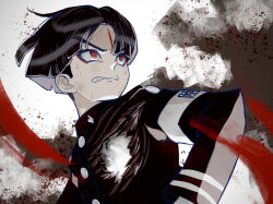 1boy armband biting_own_lip black_hair blood blood_splatter clenched_teeth eyeshadow facial_mark grey_background highres hole_in_chest hole_on_body last_defense_academy_school_uniform makeup male_focus maruko_gaku red_eyes red_eyeshadow school_uniform short_hair simple_background sweat sweatdrop teeth teeyteey the_hundred_line_-last_defense_academy- thick_eyebrows upper_body white_armband white_background