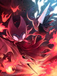 1boy 1other cape fighting fire fuifui grey_cape grey_cloak grimm_(hollow_knight) holding holding_sword holding_weapon hollow_knight horned_mask knight_(hollow_knight) mask nail_(hollow_knight) pyrokinesis red_eyes sword weapon
