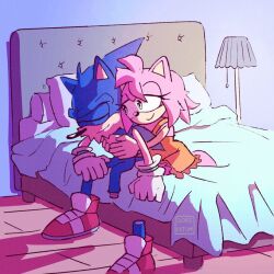 aged_up amy_rose barefoot beard bed bed_sheet bedroom blanket blue_fur blue_hair closed_eyes comforting dorefatum facial_hair feet gloves green_eyes half-closed_eyes husband_and_wife lamp legs medium_hair nightgown on_bed one-legged one_leg orange_nightgown pillow pink_fur pink_hair shoes sitting smile sonic_(series) sonic_the_hedgehog spiked_hair