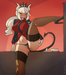 2024 alcohol artist_name black_jacket black_necktie blush cleft_of_venus collared_shirt cup dated demon_girl demon_horns demon_tail drinking_glass eyelashes fullmontis gloves helltaker high_heels horns jacket knees lucifer_(helltaker) mole mole_under_eye navel necktie panties red_eyes red_shirt shirt skindentation smile tail teeth thighhighs underwear white_gloves white_hair wine wine_glass