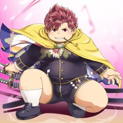 Rule 34 | 1boy, bara, bizen (tamacolle), black shoes, brown hair, bulge, cape, dust, electricity, fat, fat man, full body, gakuran, highres, katana, kiseru, loafers, looking at viewer, male focus, mouth hold, nol, pink background, pink eyes, pipe in mouth, school uniform, shoes, short hair, shorts, smoking pipe, socks, solo, squatting, sword, tamacolle, teeth hold, weapon, white socks, yellow cape