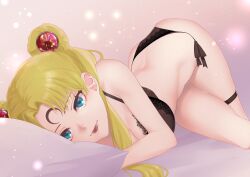 1girl absurdres back bishoujo_senshi_sailor_moon black_lady_(sailor_moon) black_lady_(sailor_moon)_(cosplay) blonde_hair blue_eyes bra corruption cosplay crescent crescent_facial_mark dark_persona double_bun facial_mark gem hair_bun highres lace lace-trimmed_bra lace-trimmed_panties lace_trim long_hair lying on_bed panties parted_bangs pillow red_gemstone red_lips smile solo tsukino_usagi twintails underwear very_long_hair vuipui